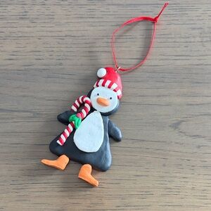 Vintage Clay Penguin Christmas Ornament with Candy Cane